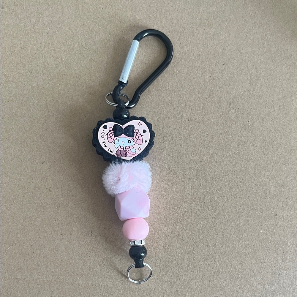 Pink Pom Bead Keychain Charm with Cartoon Badge